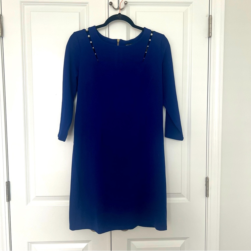 Blue shift dress with pearl detail